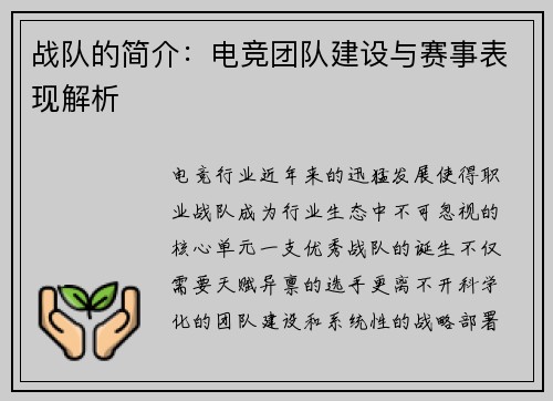 战队的简介：电竞团队建设与赛事表现解析