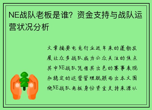 NE战队老板是谁？资金支持与战队运营状况分析