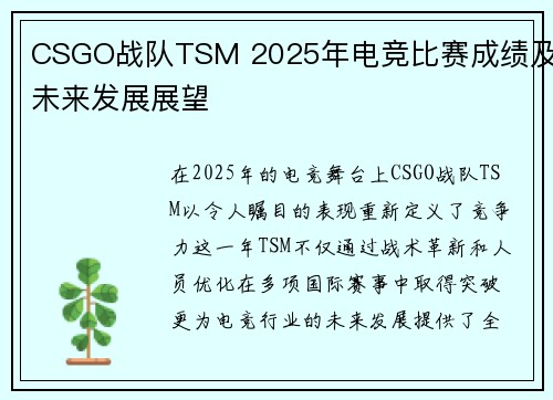 CSGO战队TSM 2025年电竞比赛成绩及未来发展展望