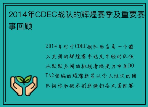 2014年CDEC战队的辉煌赛季及重要赛事回顾